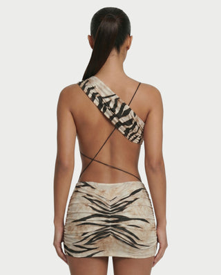 ELNA Zebra One Shoulder Ruched Mini Dress