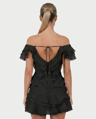 CARIMA Off-Shoulder Layered Ruffle Mini Dress
