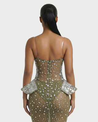 VREYS Crystal Studded Sheer Maxi Dress