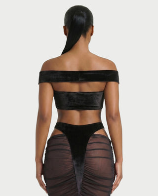MURE Velvet Off-Shoulder Top & Mesh Skirt Set