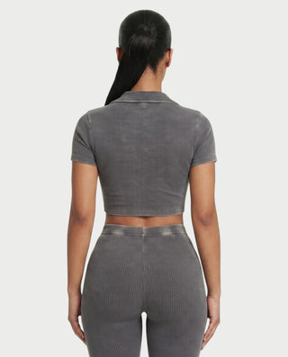ALLIE Ribbed Zip Polo Crop Top & Legging Set