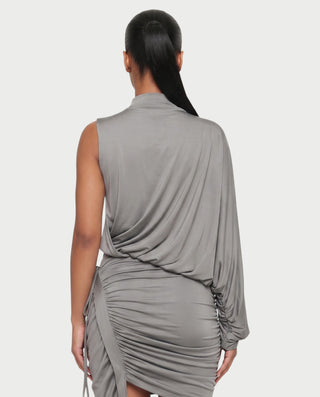 FINNA One-Sleeve Turtleneck Top & Ruched Skirt Set