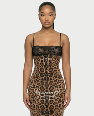 EVORA Leopard Sequin Lace-Bust Midi Dress