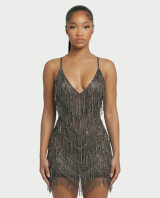 KRISSE Backless Crystal Diamond Tassel Mini Dress