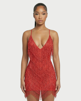 KRISSE Backless Crystal Diamond Tassel Mini Dress