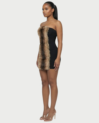MINAYA Brown Faux-Fur Bodycon Mini Dress