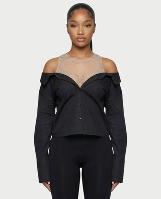 LAINE Off-Shoulder Rhinestone Shirt Top