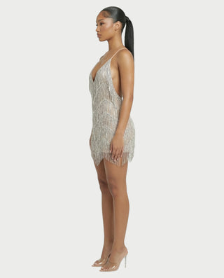 KRISSE Backless Crystal Diamond Tassel Mini Dress