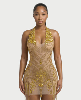 ZYRIL Halter Sheer Crystal Bodycon Mini Dress
