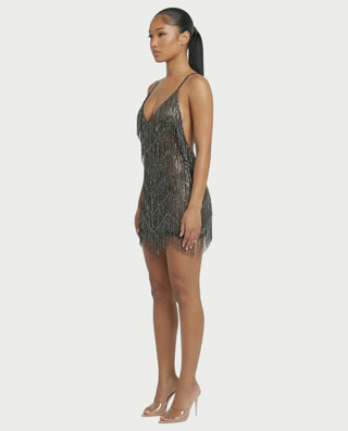 KRISSE Backless Crystal Diamond Tassel Mini Dress