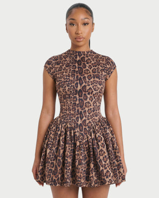 RIVANA Open-Back Leopard Flare Mini Dress