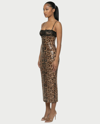 EVORA Leopard Sequin Lace-Bust Midi Dress
