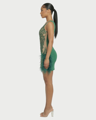 DARIA Emerald Crystal Feather Trim Mini Dress