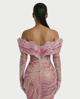 NELKA Rhinestone Off-Shoulder Mesh Maxi Dress