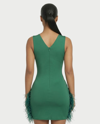 DARIA Emerald Crystal Feather Trim Mini Dress