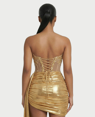 YUINE Lace-Up Draped Corset Mini Dress