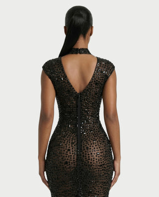 MORIA Crystal High-Neck Bodycon Maxi Dress