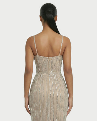 AERIS Crystal Fringe Sheer Corset Maxi Dress