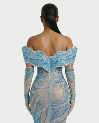 NELKA Rhinestone Off-Shoulder Mesh Maxi Dress