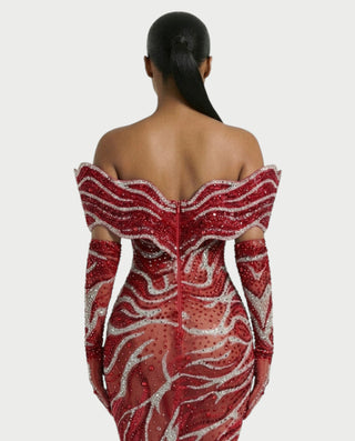 NELKA Rhinestone Off-Shoulder Mesh Maxi Dress