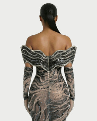 NELKA Rhinestone Off-Shoulder Mesh Maxi Dress