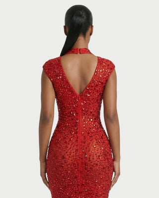 MORIA Crystal High-Neck Bodycon Maxi Dress