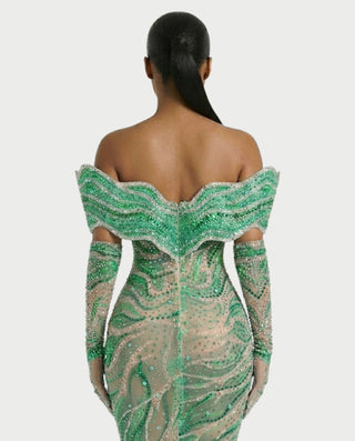 NELKA Rhinestone Off-Shoulder Mesh Maxi Dress