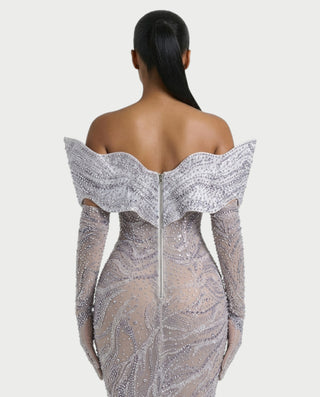 NELKA Rhinestone Off-Shoulder Mesh Maxi Dress