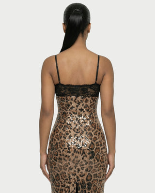 EVORA Leopard Sequin Lace-Bust Midi Dress