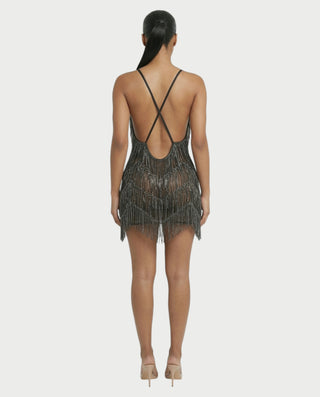 KRISSE Backless Crystal Diamond Tassel Mini Dress