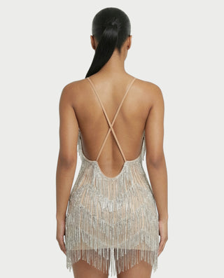 KRISSE Backless Crystal Diamond Tassel Mini Dress