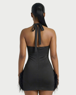 MIRAL Feather Trim Rhinestone Halter Mini Dress