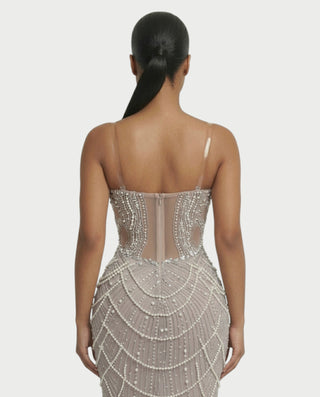 MIRYN Sheer Crystal Beaded Corset Maxi Dress