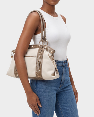 ELOVA Croc-Embossed Trim Studded Shoulder Bag