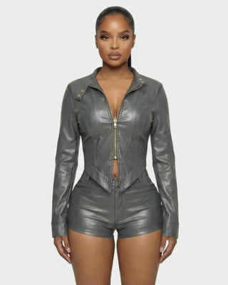 BRIXA Leather Jacket & High-Waist Shorts Set