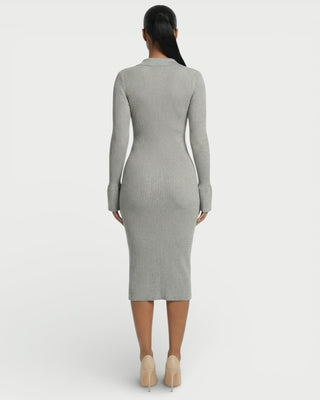 ELYSIA Ribbed Knit Collared Midi Dress