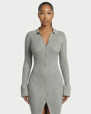 ELYSIA Ribbed Knit Collared Midi Dress