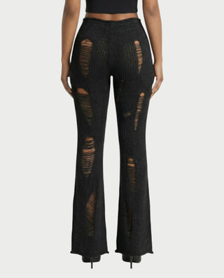 ALOMA Ripped Ribbed Knit Flared Pants