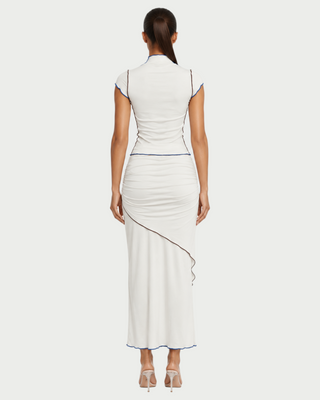 LUVENA Contrast Trim Ruched Two-Piece Maxi Skirt Set