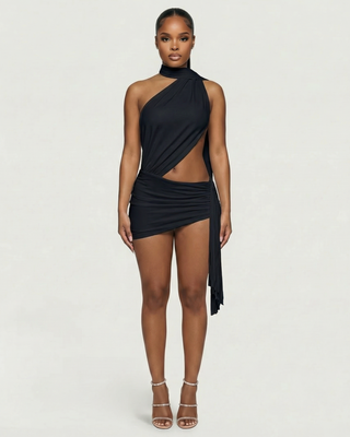 Vestido mini drapeado con escote halter y aberturas ZOLYN