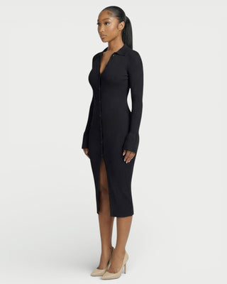 ELYSIA Ribbed Knit Collared Midi Dress
