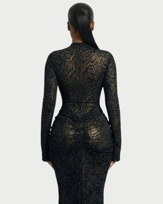 LIYANA Lace Ruched Bell Sleeve Maxi Dress