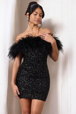 AMARA Sequin Mini Dress With Feather Trim