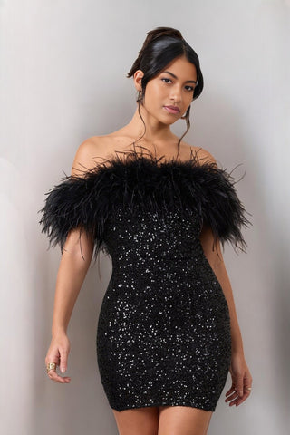 AMARA Sequin Mini Dress With Feather Trim