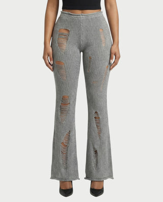 ALOMA Ripped Ribbed Knit Flared Pants
