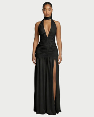 SORAYA Backless Halter Plunge Maxi Dress