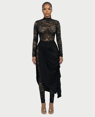 EVASYN Sheer Lace Jumpsuit & Wrap Skirt Set