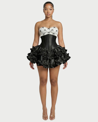 ZERELA Strapless Corset Ruffle Hem Mini Dress