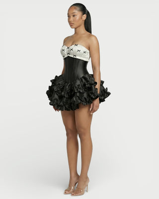 ZERELA Strapless Corset Ruffle Hem Mini Dress