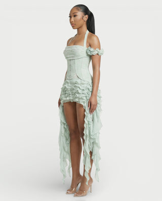 VALORIA Corset Ruffle Hem Mini Dress